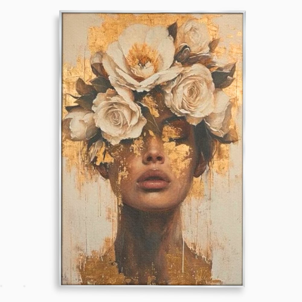 Tablou canvas cu portret feminin cu foita de aur si flori, in rama de aluminiu argintiu